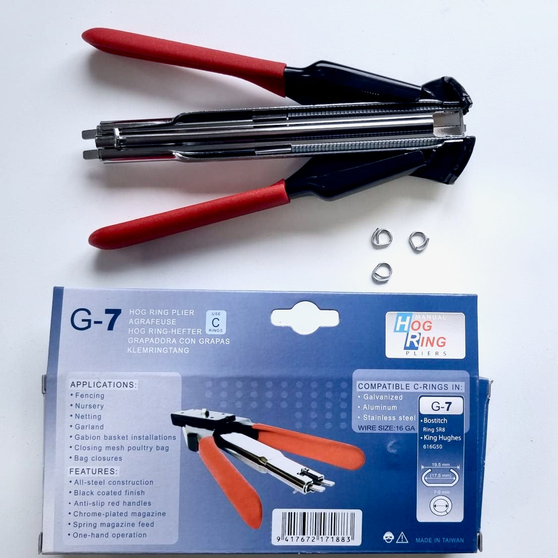 Shot of G7 Hog / C Ring Pliers against white backdrop.