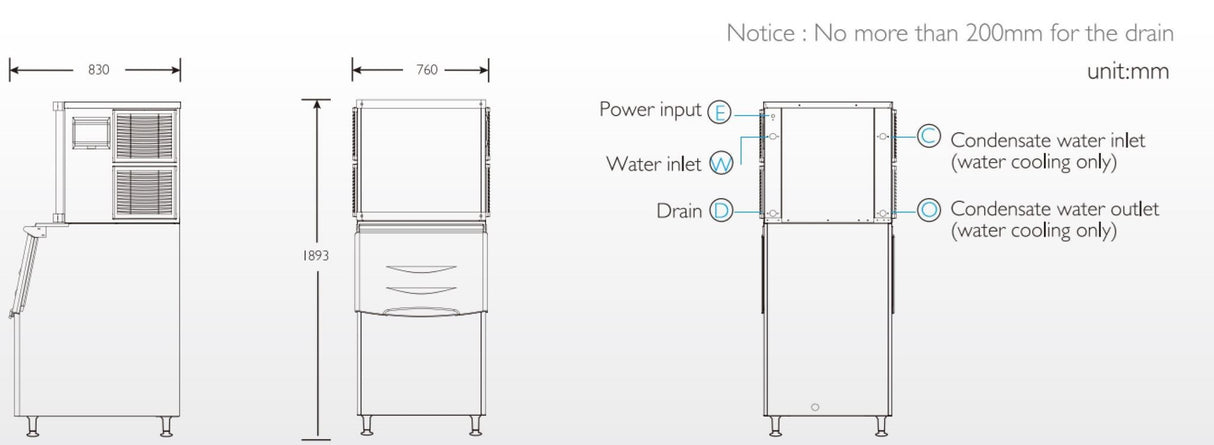 Spec plans of the ICEPRO 455kg/24hr Commercial Cube Ice Maker Machine.