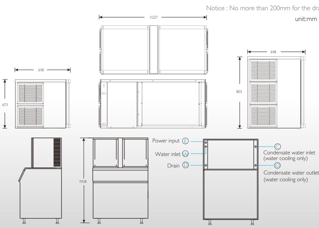 Spec plans for the ICEPRO 680kg/24hr Commercial Cube Ice Maker Machine.